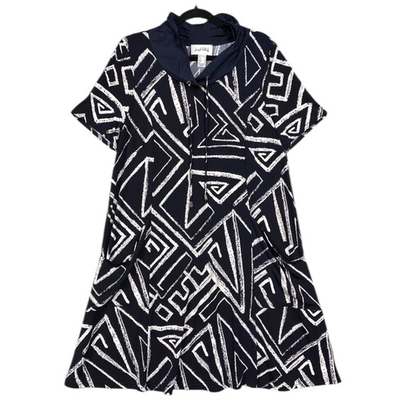 Joseph Ribkoff Printed Geometric Cowl Short Sleeve Dress Size 14 Blue - Picture 1 of 6